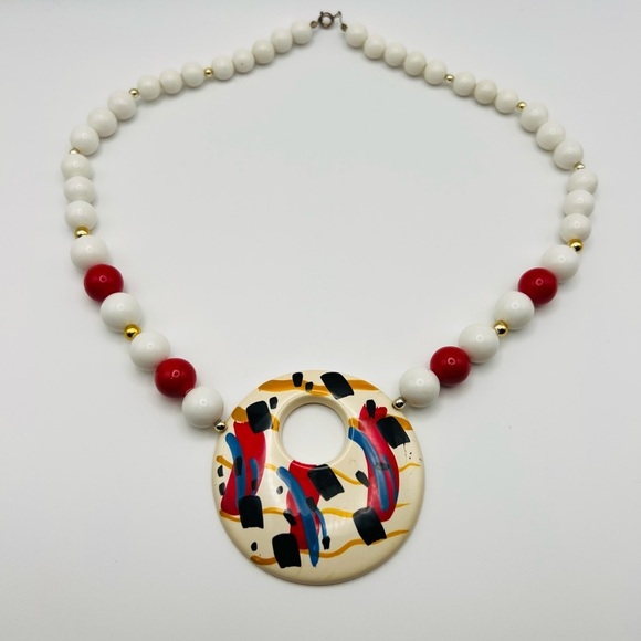 Jewelry - Vintage Abstract Statement Necklace Red White Beads Large Pendant
